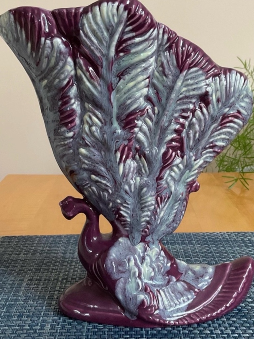 Royal Haeger Peacock Fan Vase Burgundy Drip Glaze MCM Decor USA